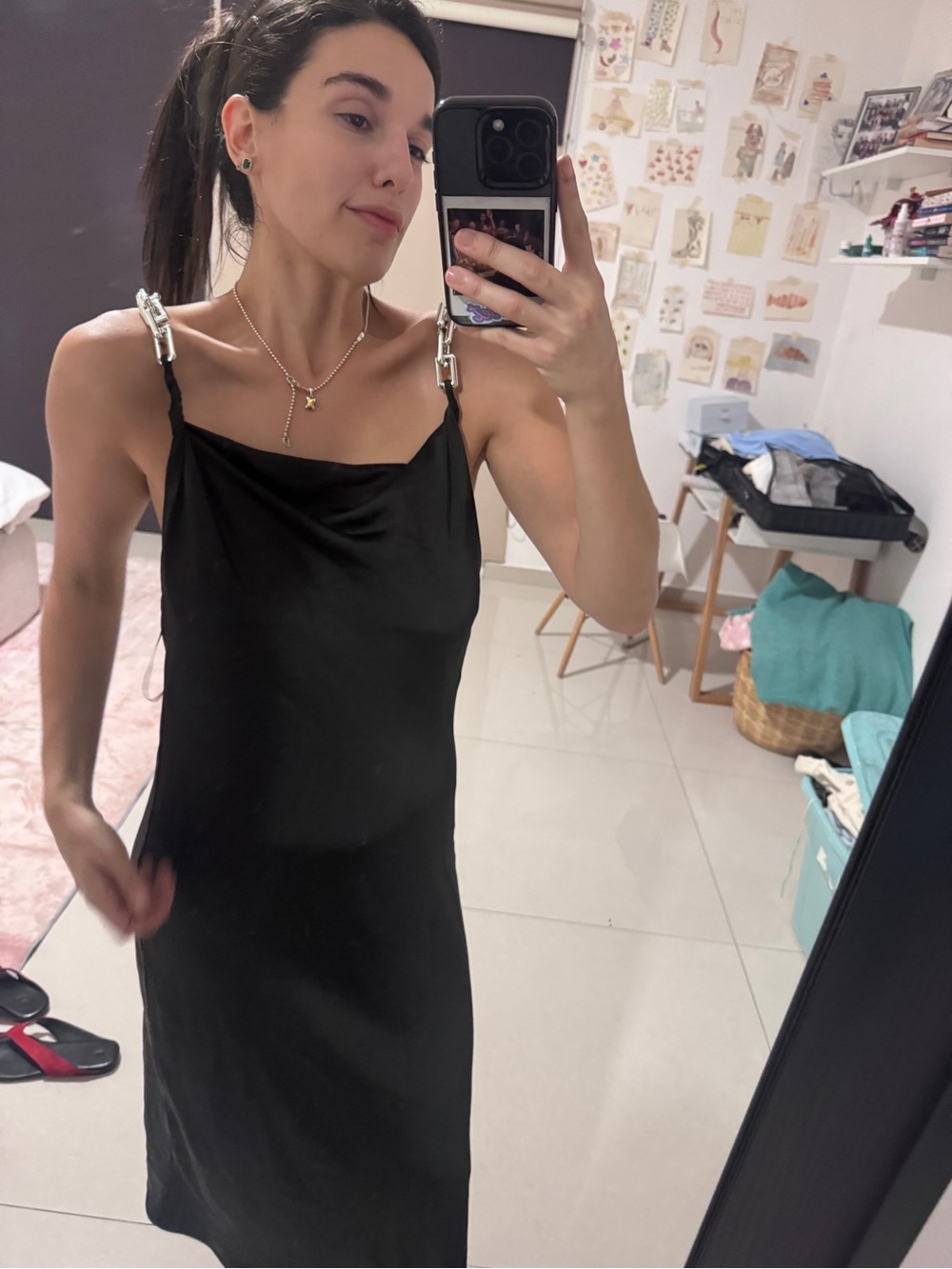Zara Black Slip Midi Dress with Silver Chain-Strap Accents